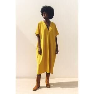Zara Mustard Yellow Linen Blend Midi Dress | V-Neck Oversized Kaftan | XS